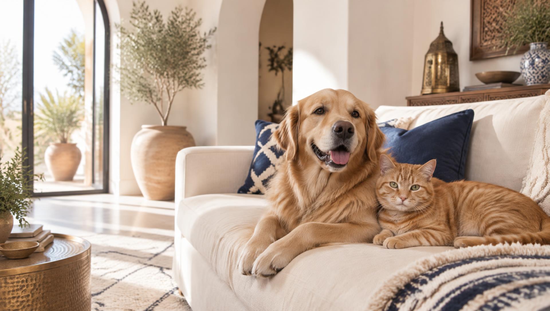 Un golden retriever et un chat roux sur un canapé
